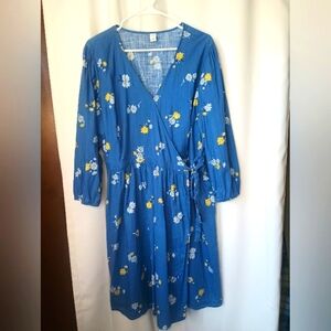 Old Navy Floral Wrap Dress 1X Blue Long Sleeve Knee Length Cottagecore